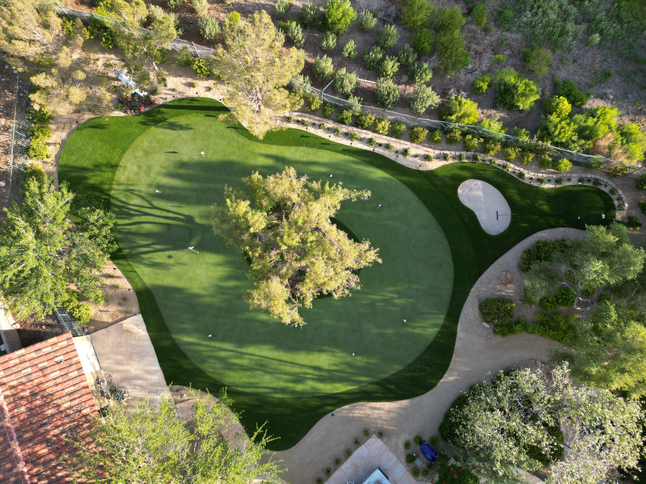 A bird 's eye view of a golf course with trees.