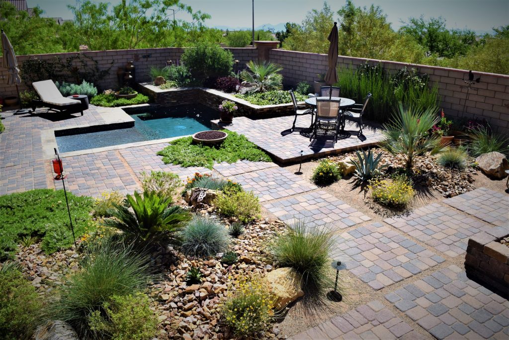 A backyard with a pool and patio area.