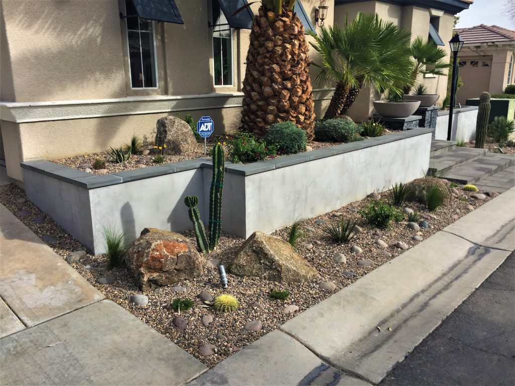 A plant bed with plants and rocks on the side of the road.